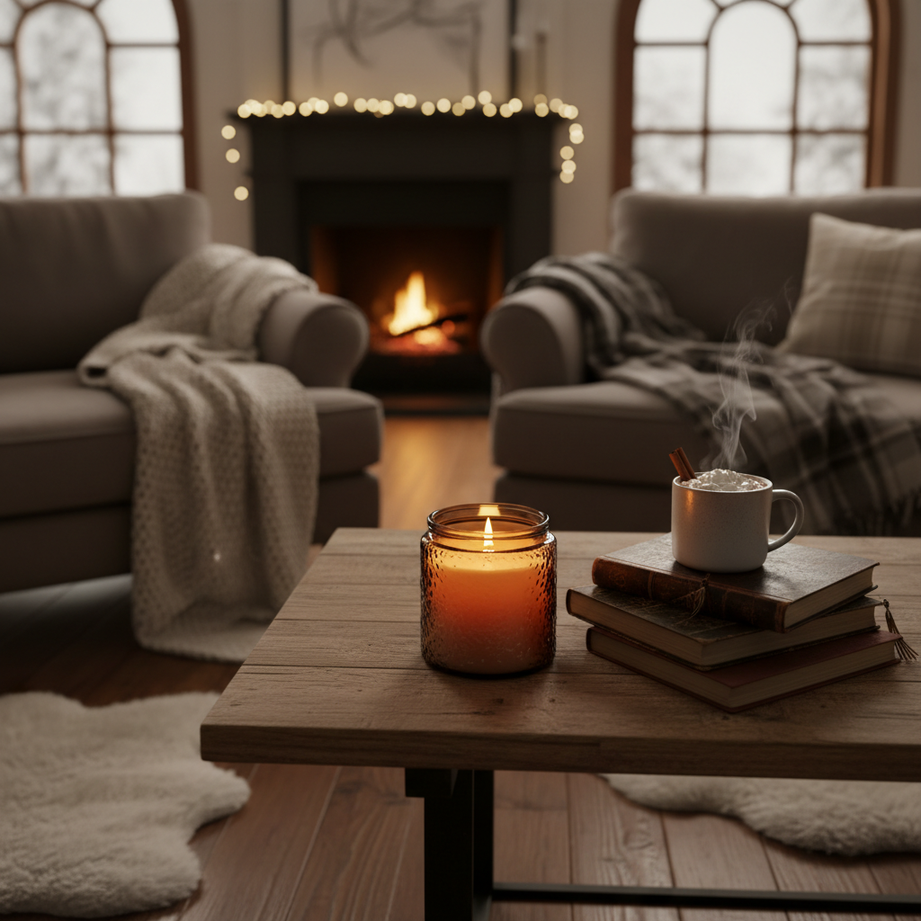 Amber glow candle on coffee table in cozy living room with blankets