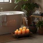 Multiple amber glow candles creating warm ambiance in spa bathroom