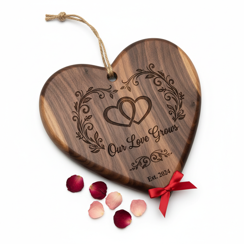 Heart-shaped walnut cutting board with custom engraving