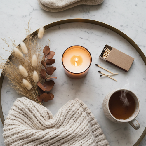 Overhead flat lay of amber glow candle with matches and dried flowers