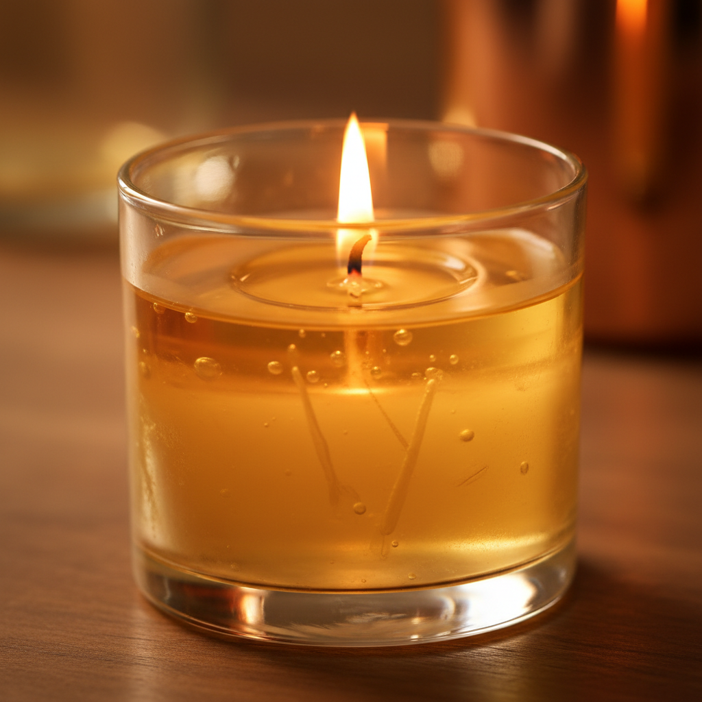 Close-up of amber glow candle showing warm flame and golden wax
